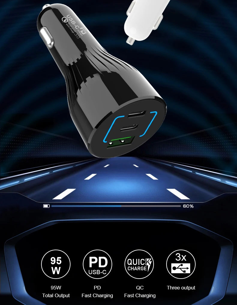 3 в 1 несколько портов 95W Выдвижной USB Автомобильное зарядное устройство типа C PD автомобильное для мобильного телефона ноутбука MacBook