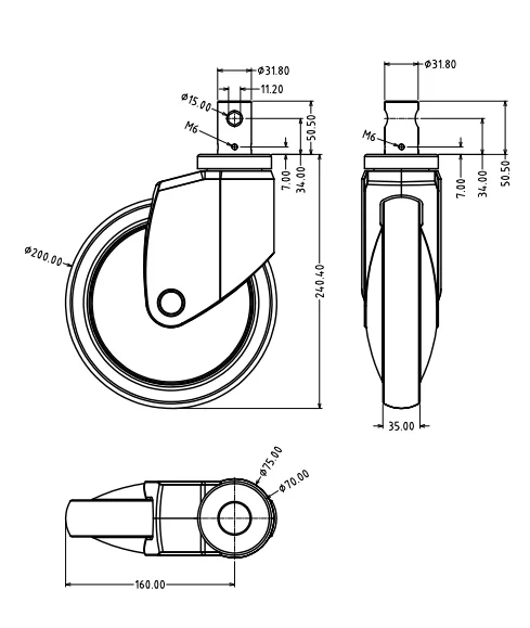 Hospital bed medical central control caster 8 inch wheel for emergency trolley
