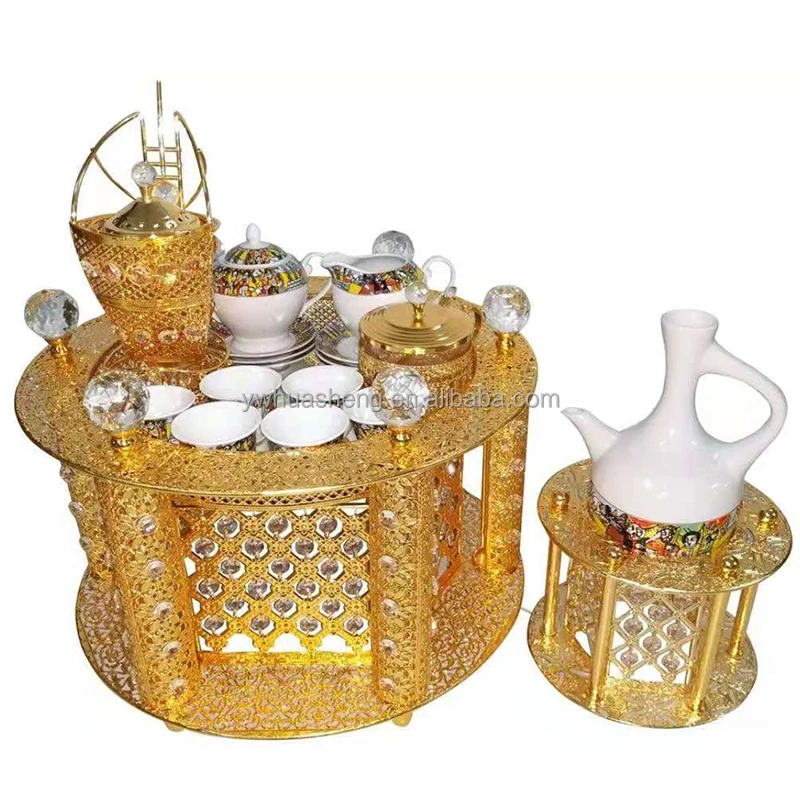 Wholesale Metal Gold Ethiopian Rekebot Coffee Table With Saba Telet Design Tea Coffee Cup Set