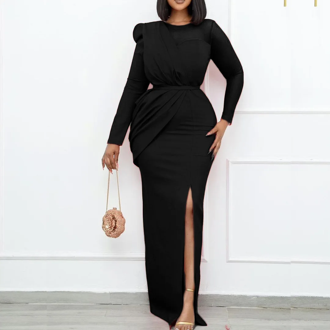 autumn dresses women 2022 lady elegant plus size formal party long sleeve dresses for fat women sexy side slit black mesh dress