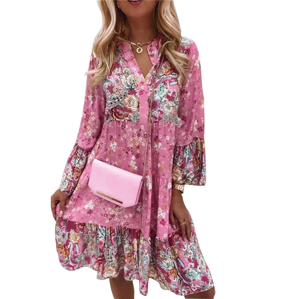 2023 new hot selling spring and summer V-neck floral stitching printed skirt cropped sleeve layered mini dress