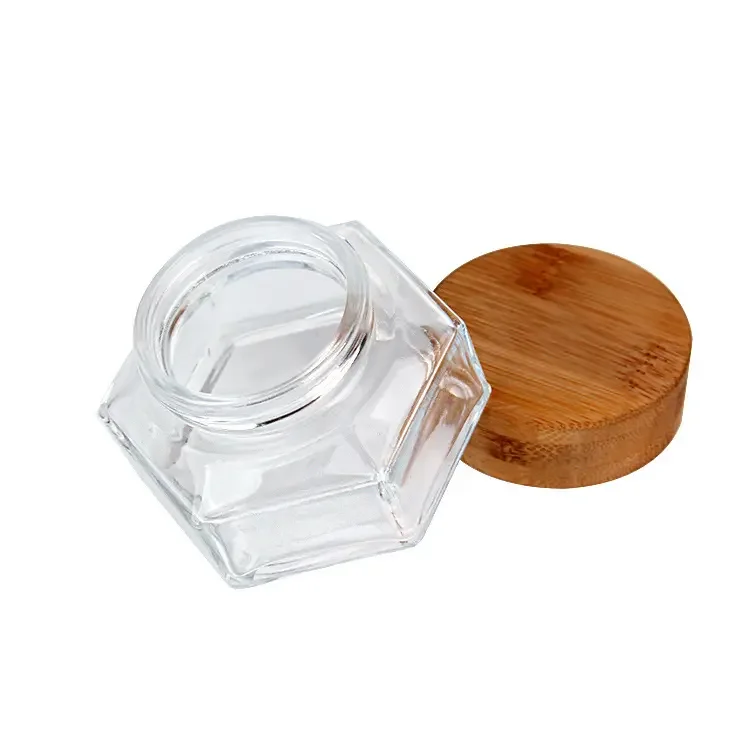 Round lid face cream container hexagonal luxury glass 30g cosmetic jar with bamboo screws