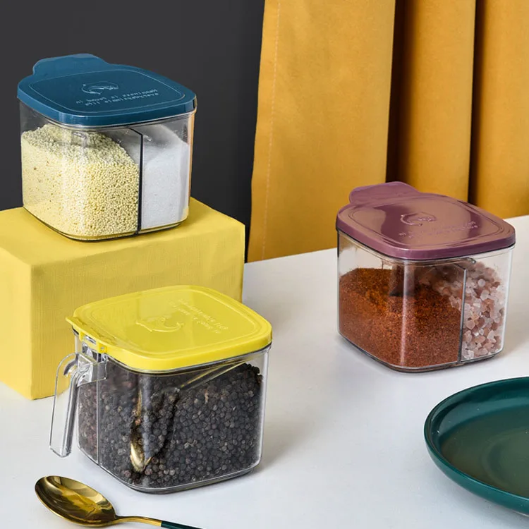 Transparent Flip Cover Seasoning Storage Box Two Compartment Yellow Purple Blue 12*11*9.5cm Kitchen Tools Seasoning Storage Box