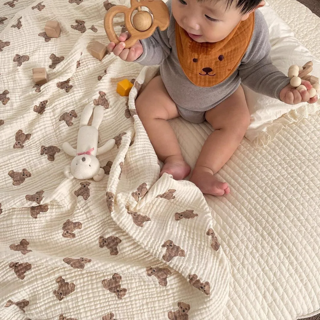 Baby bear print blanket pure cotton double gauze blanket baby blanket bath towel swaddle towel