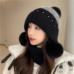 Warm Wool Ball Ear Protection Face Knitted Riding in Autumn and Winter Cold Proof Pullover Hats Korean Fashion