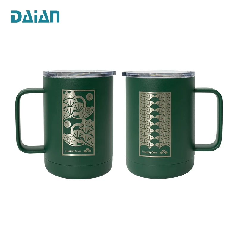 16oz Custom Double Wall Vacuum Insulated Stainless Steel Travel Coffee Mug with Handle BPA Free Lid