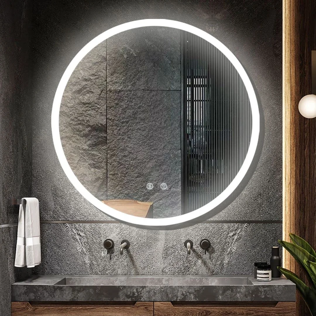 Stepless Dimming Frosted Edge Wall Hanging Toilet Dresser Makeup Round Mirrors Bath Wall Mirror With Led Light