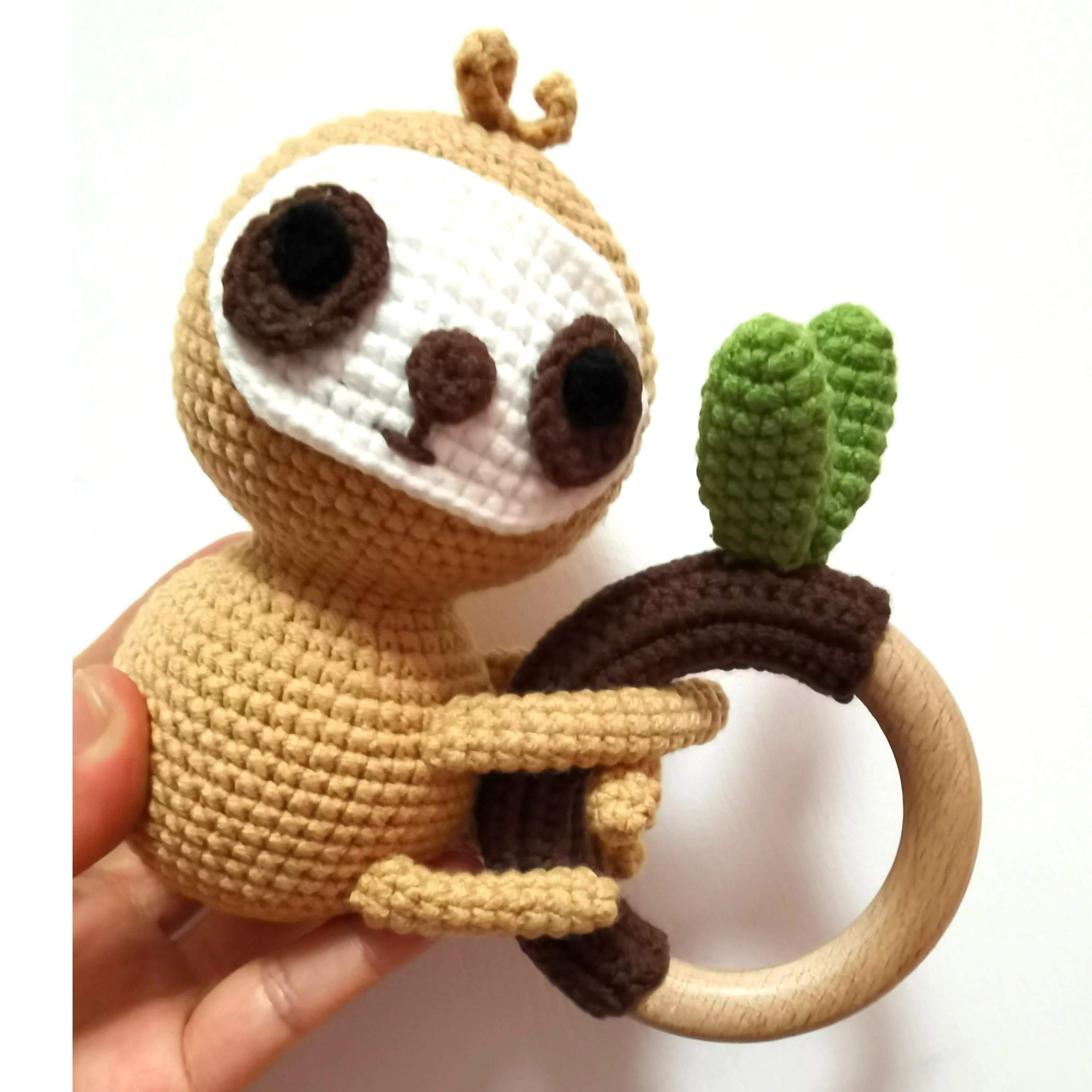 Handmade Baby  Christmas Gifts Organic Wooden  Rattle for Infant Newborn  Stuffed teether Toy  Ring crochet baby toy