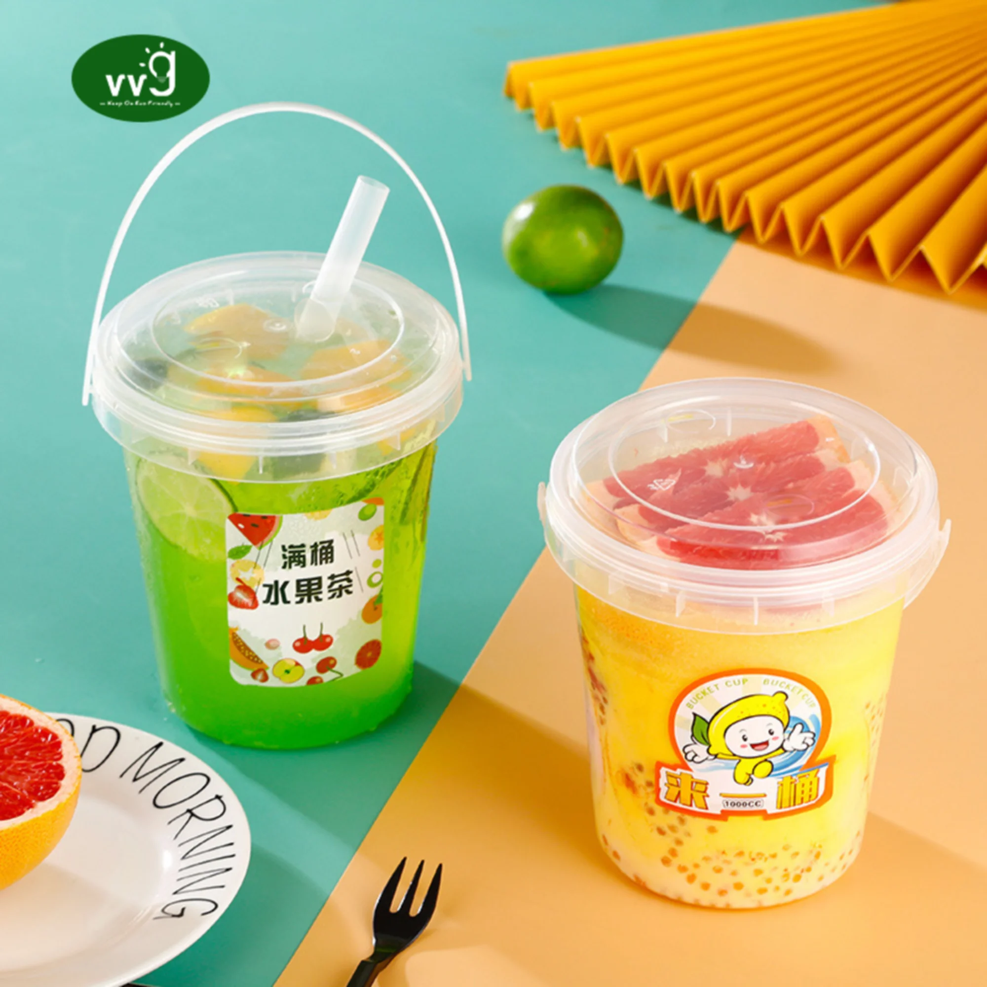 VVG 350/500/700/1000ml ice cream buckets with lid and handles reusable clear plastic buckets cups for drinks cocktail rum