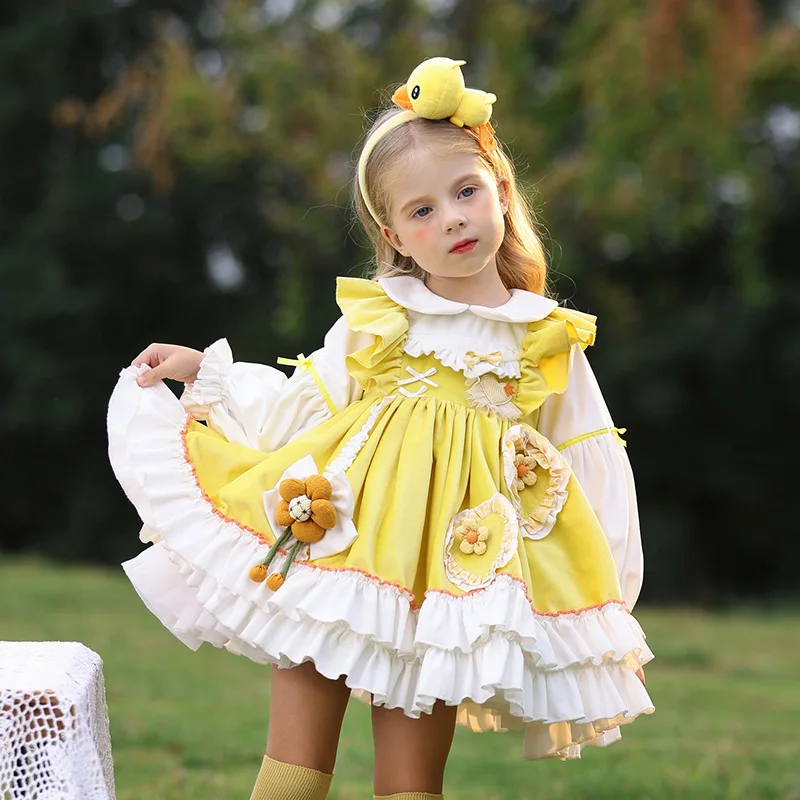 1-10 Years Old Autumn Winter New Baby Lolita Princess Velvet Bubble Skirt Cute Smocked Dress Trendy Kids Clothes Girls Ball Gown