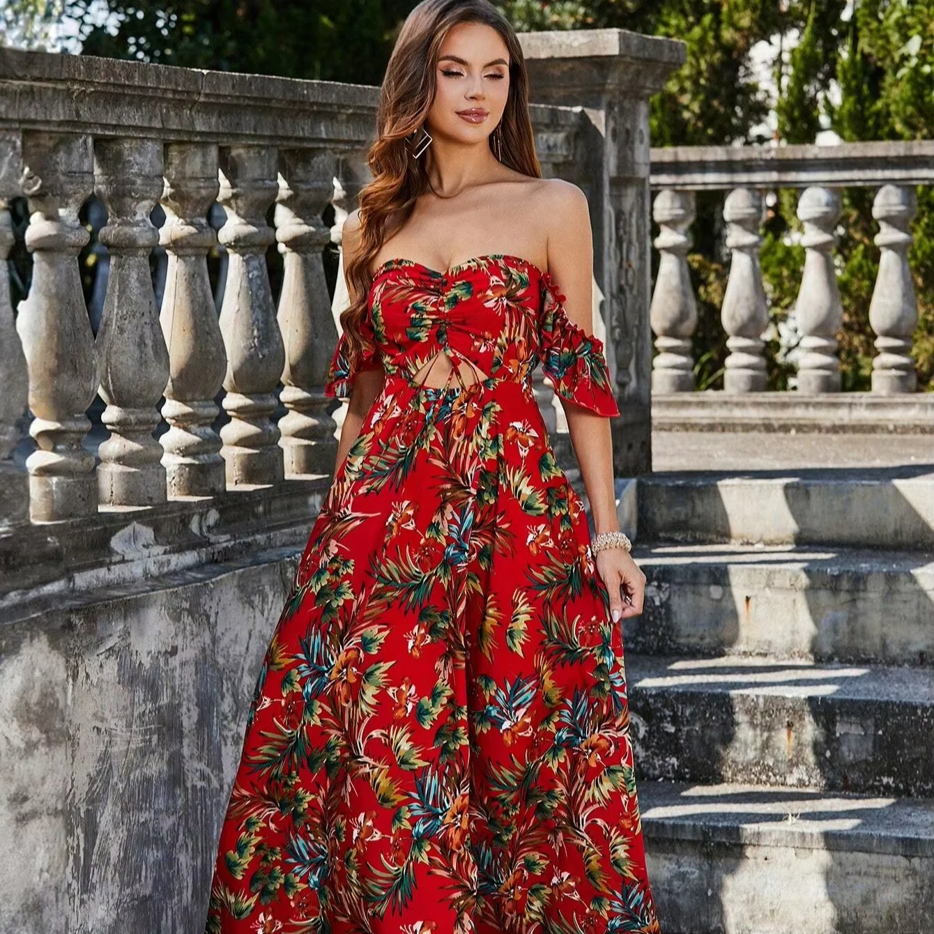 Double Crazy Floral Pattern Off-Shoulder Long Sleeve Dress