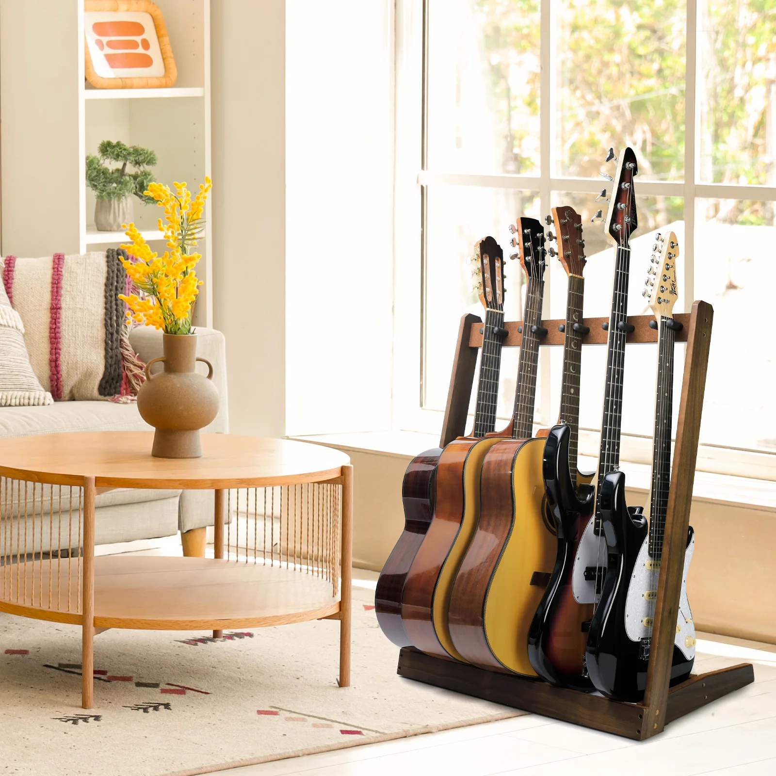 Guitar Stand for Multiple Guitars, Hardwood Black Walnut Rack for wooden guitar display holder