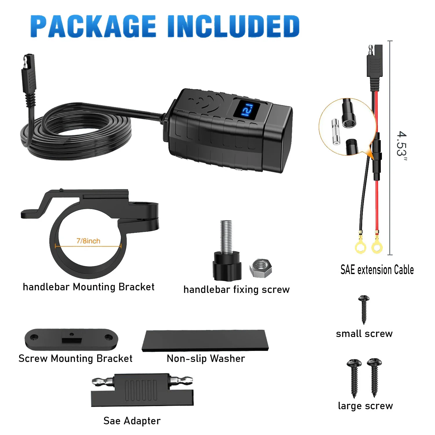 Motorcycle USB Charger QC3.0 Handlebar Fast Charging Waterproof 12V Socket Adapter With Voltmeter