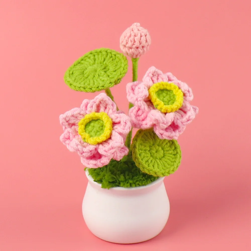 Wholesale Hand-woven Flower Bonsai Stems Floral Decor Artificial Plants Knitted Flower Bonsai Finished Crochet Lotus Mini Pot