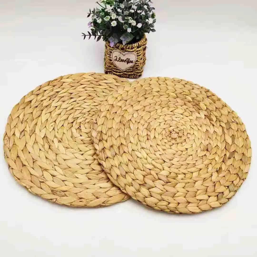Handmade Round Woven & Natural Wicker Placemats Water Hyacinth Straw Braided Mat Gourd Grass Meal Mat Table Decoration