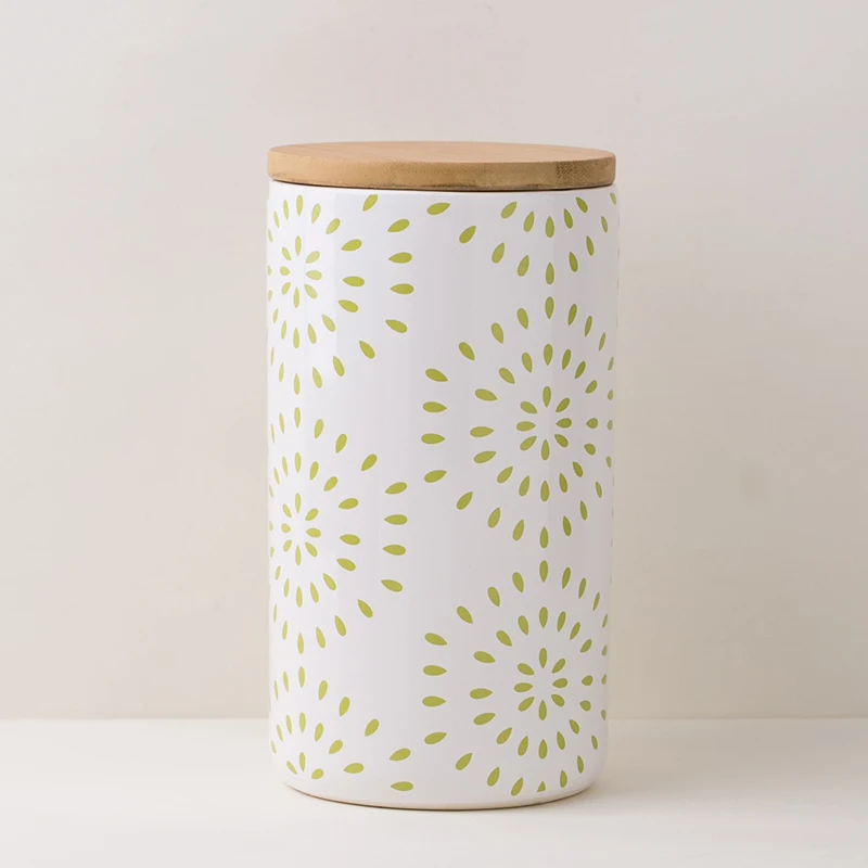 food storage ceramic canister green spots print jar bamboo lid jar