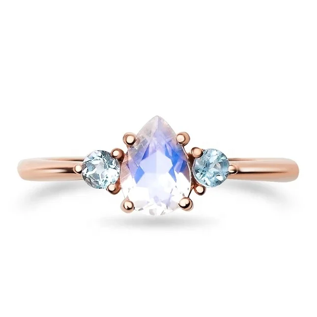 Minimalist Jewelry Rings 925 Sterling Silver Rainbow Moonstone Three Stone Pear Shape Natural Romantic OPP OEM 30 Pcs VJ00645R