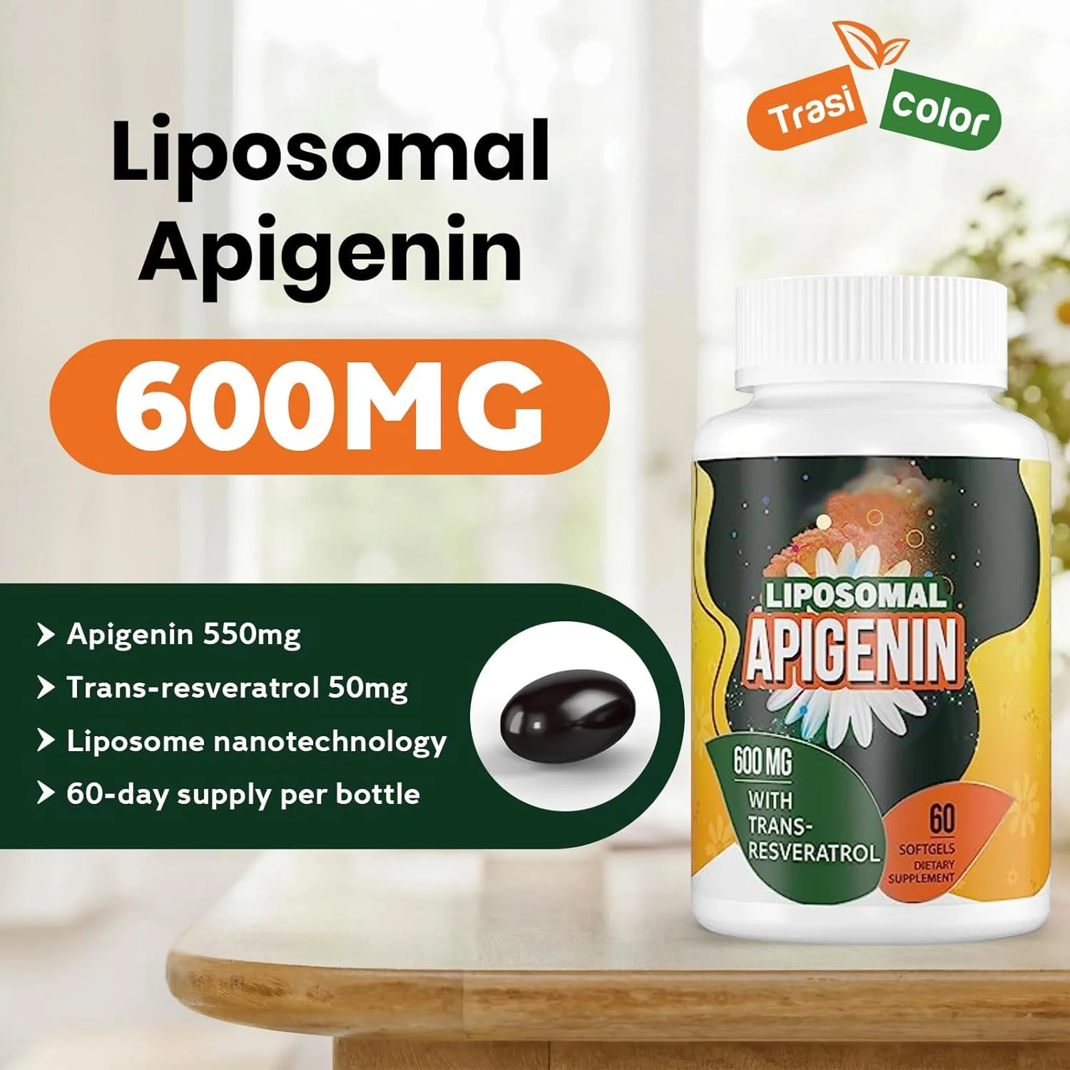 High Bioavailability Apigenina Softgel Capsules Liposomal Apigenin Supplements  Apigenin 550 mg Trans Tesveratrol 50 mg