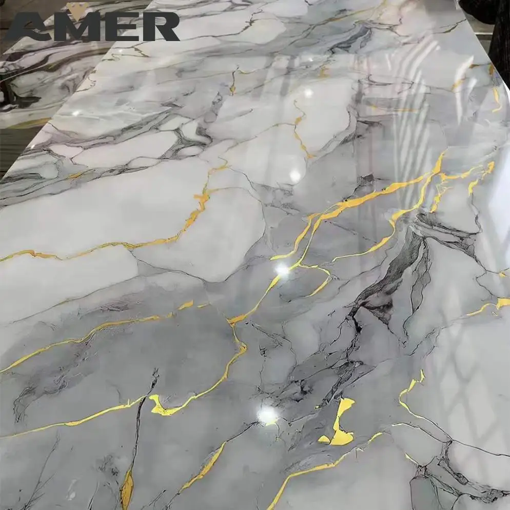 Amer OEM wholesale Paste Install Custom Pattern High Light Decoration PVC Board Sheet Uv Pvc Marble Wall Panel For Interior