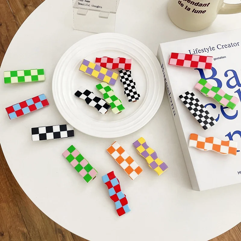 Ins Cute Plaid Wavy Mini Flower Acetate Acrylic Accessories Crocodile Hairgrips Stripe Barrette Checker Claw Checkered Hair Clip