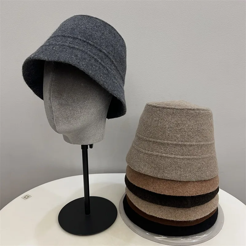 Soft Warm Wool Knitted Bucket Hat Autumn Fashion Plain Knit Bucket Cap Women Winter Fisherman Beanie