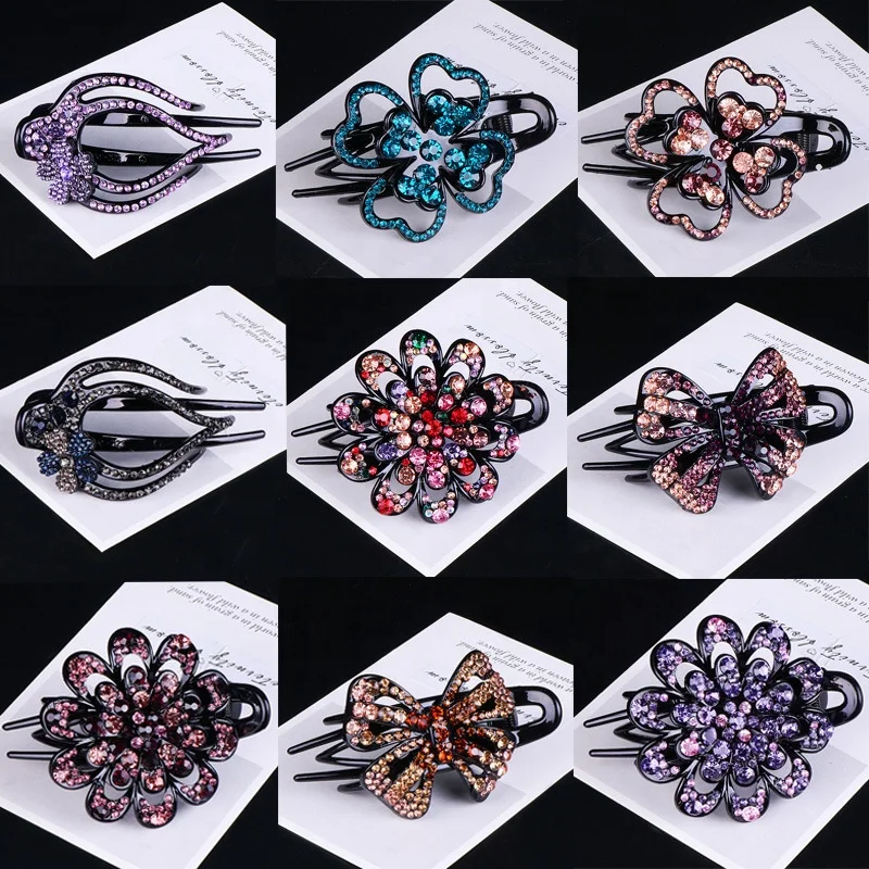 Hot selling black all match hair claw accessories elegant style colorful crystal Rhinestone spring banana hair clips for women