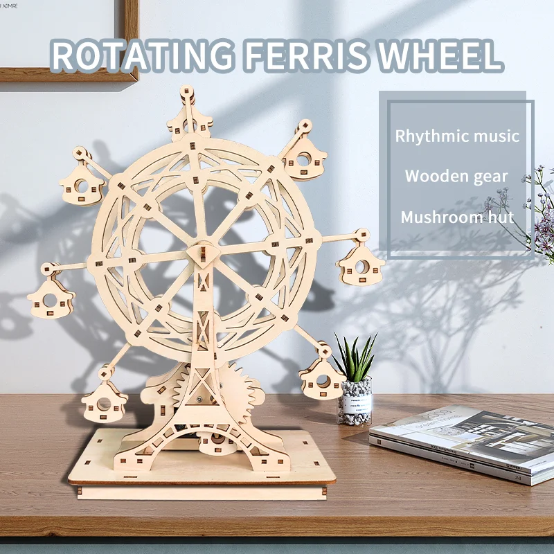 Wholesale 3d Puzzle Moving Music Box Wood Ferris Wheel DIY Creative Toy Handmade Model Mechanical Kits
