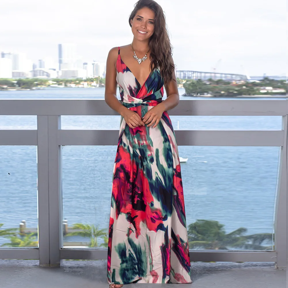 Boho Summer Women Multicolor V-neck Maxi Dress Long Dresses for Women Plus Size Clothing Sexy Party Woman Dress New Robes