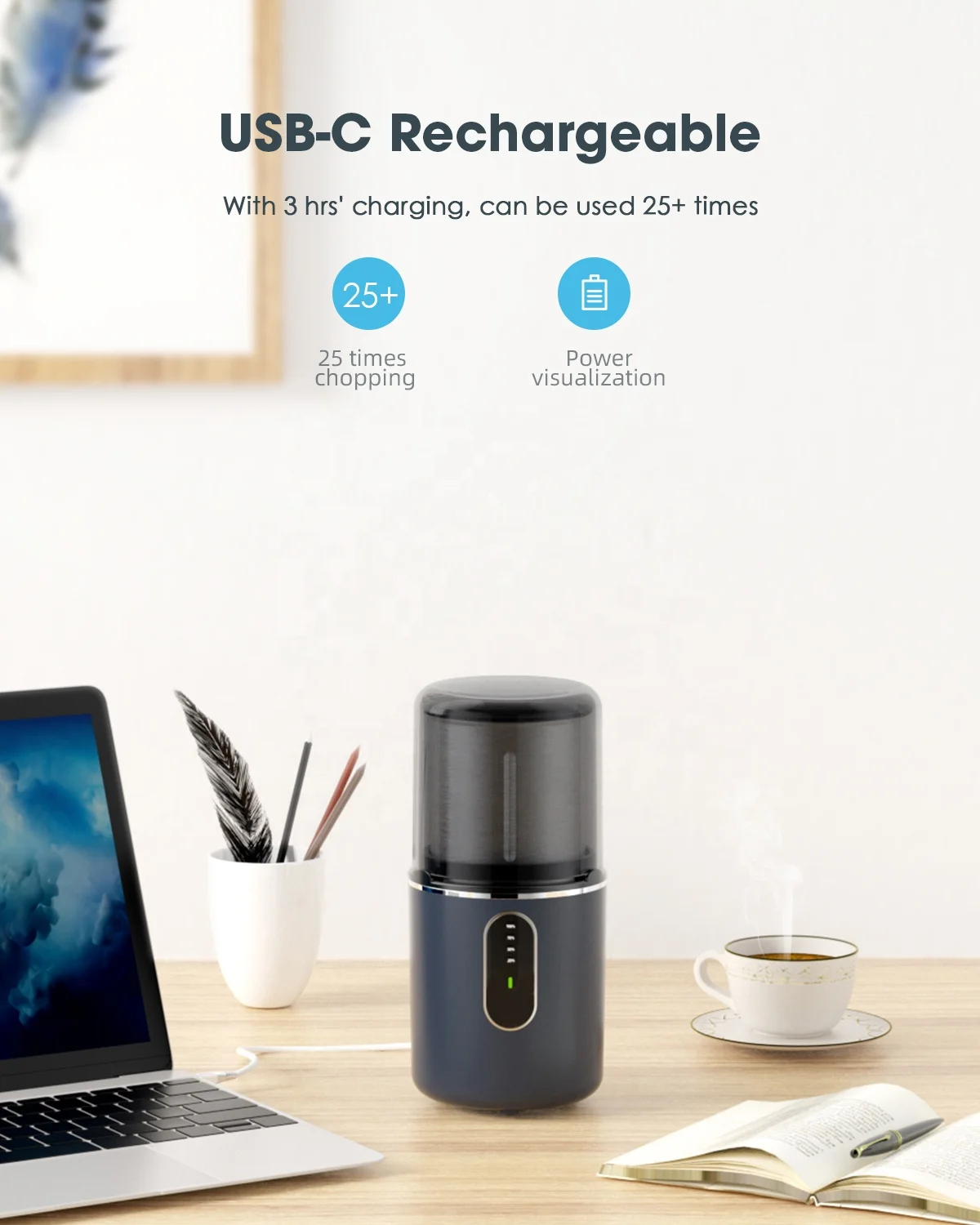 
Chargable Cordless Portable Coffee Grinder with Stainless Steel Blade & Detachable Bowl, 2.5oz/12 Cups 