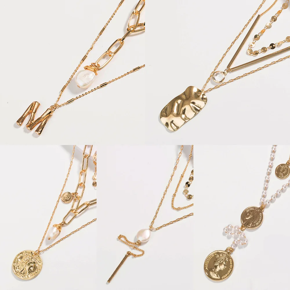 
Wholesale Popular multilayer shell necklace fashion sapphire head pearl letter pendant neck chain 