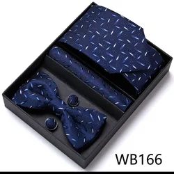 Mens Luxury Paisley Blue Silk Tie Pocket Squre Cufflinks Bowtie Set in Gift Box For Men Gift