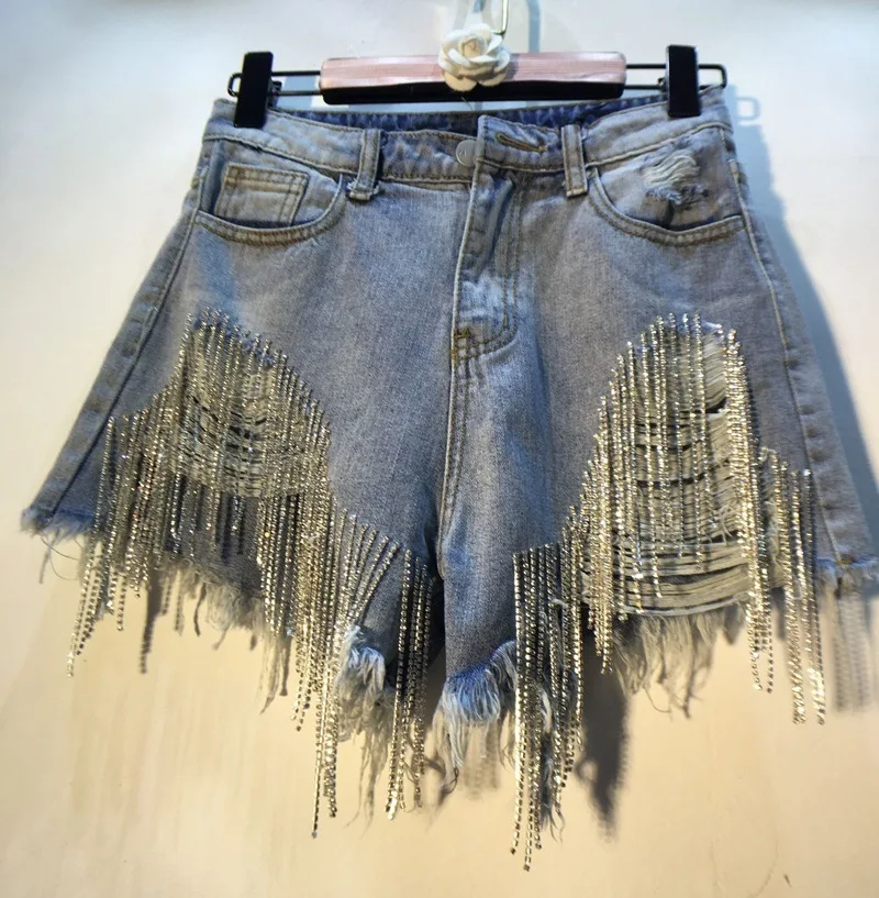 New custom design heavy tassels diamonds Beads plus size women light night high waist denim