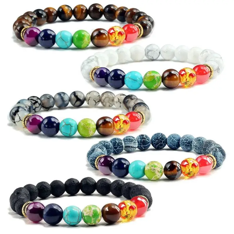 Wholesale Colorful Beaded Natural Stone Beads Yoga Valconic Healing Energy Lava Stone 7 Chakra Diffuser Bracelet