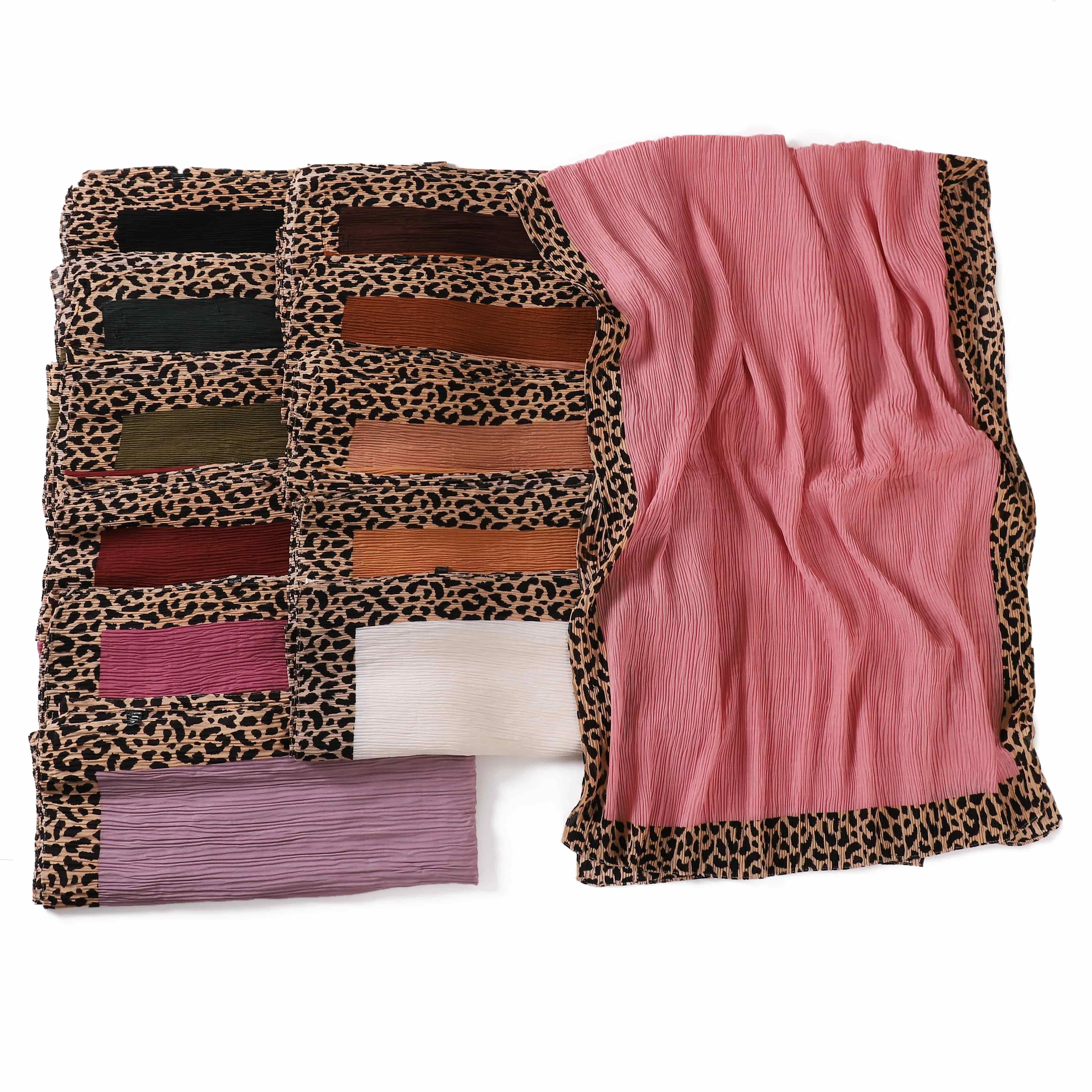 Dubai Muslim Women Islamic African Style Wrap Ladies Elastic Long Scarves Women Leopard Pleated Hijab Crinkle Shawl Cotton Scarf