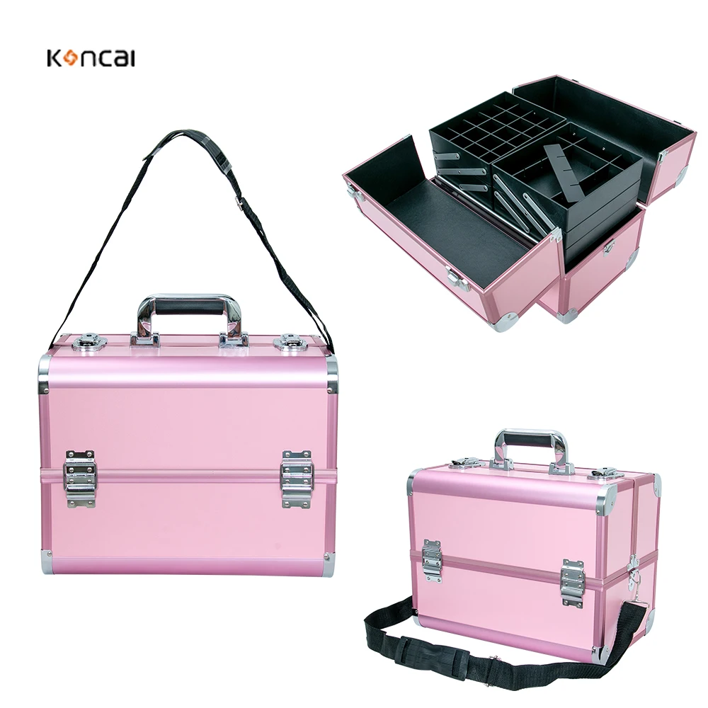 KONCAI FAMA factory Pink Aluminum Portable Travel Cosmetic Case Nail Polish Makeup Storage Box