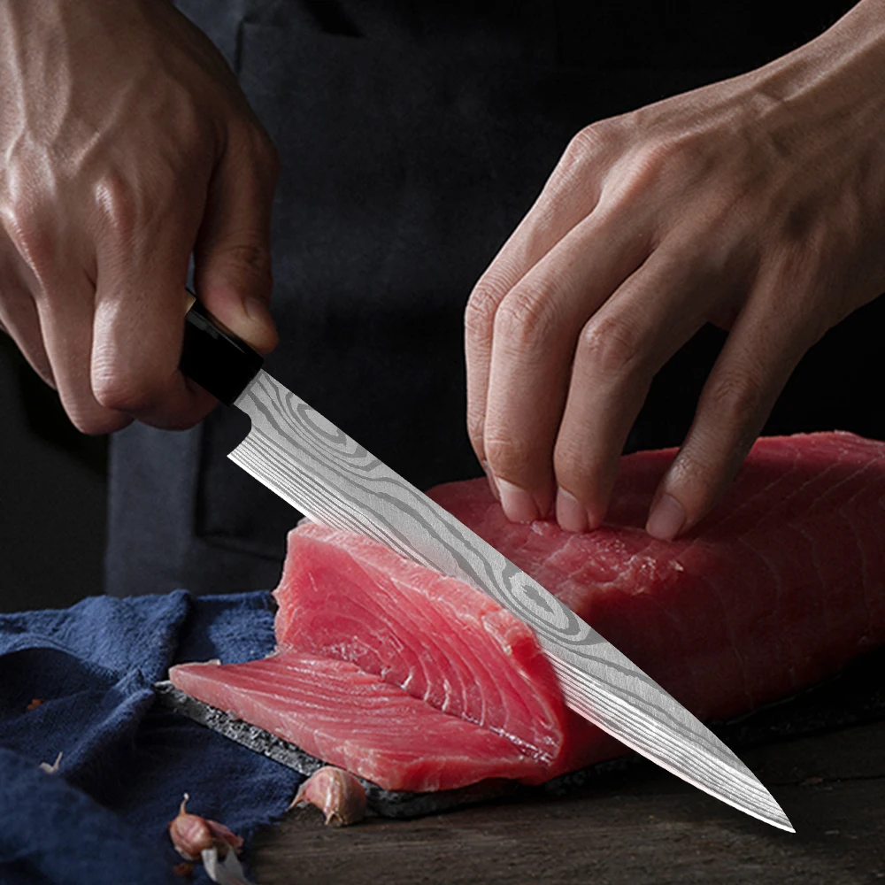 Hot Sale 4pcs Stainless Steel Sushi Japanese Chefs Knives Wood Handle Laser Damascus Pattern Sashimi Fish Fillet Deba Knife Set