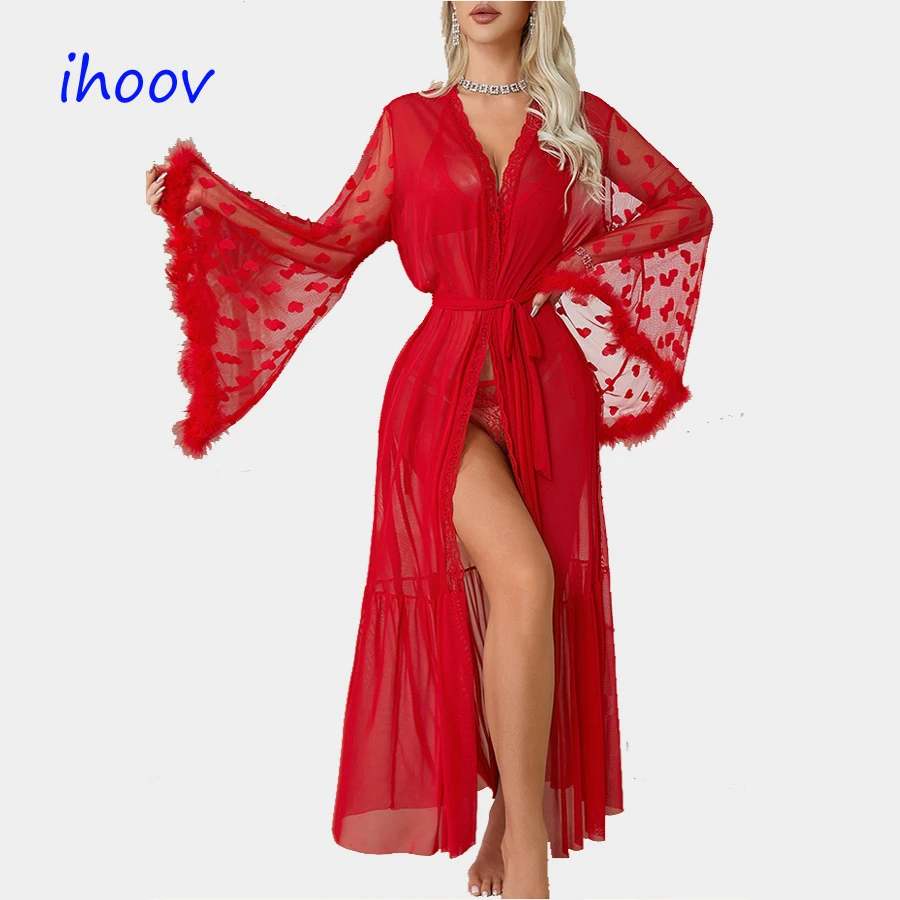 Cheaper Wholesale Long Sleeve Open Front robe women sexy nightgown Dress