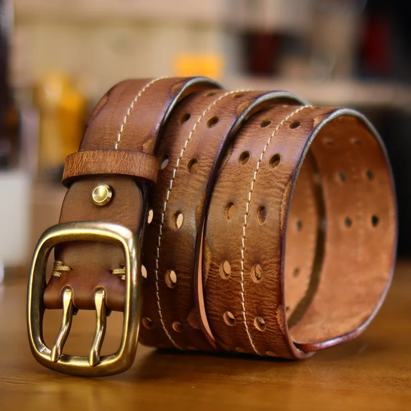 double steel needle Italian cowhide belt copper buckle hollow out leather belt for men