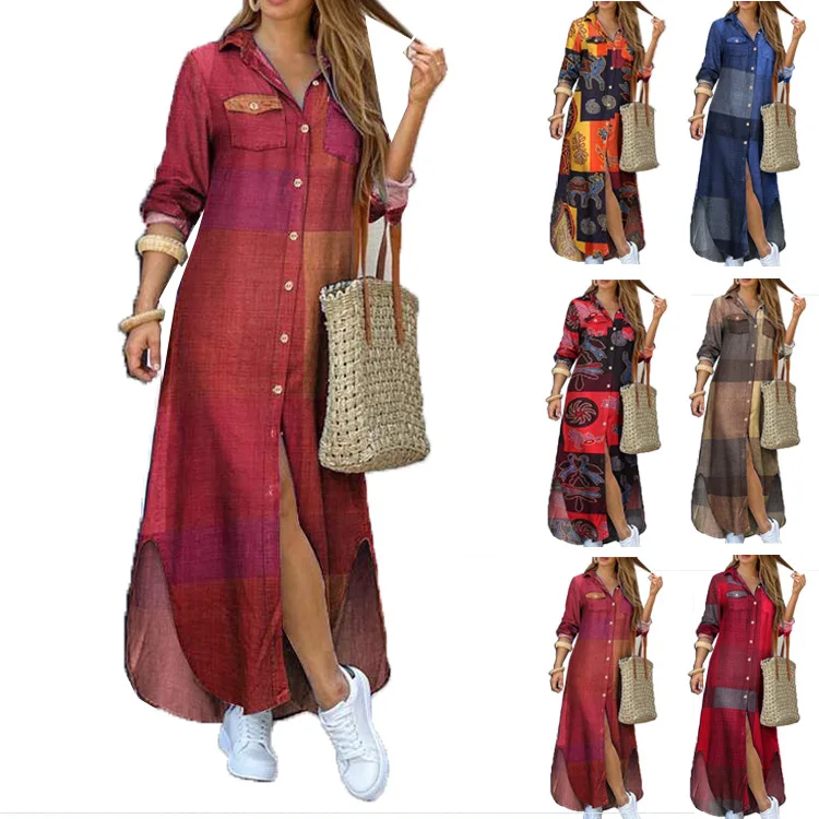 2022 Women Maxi Fall Dresses Long Sleeve Women Casual Boutique Outfits Floral Print Green Side Slit Shirt Dress