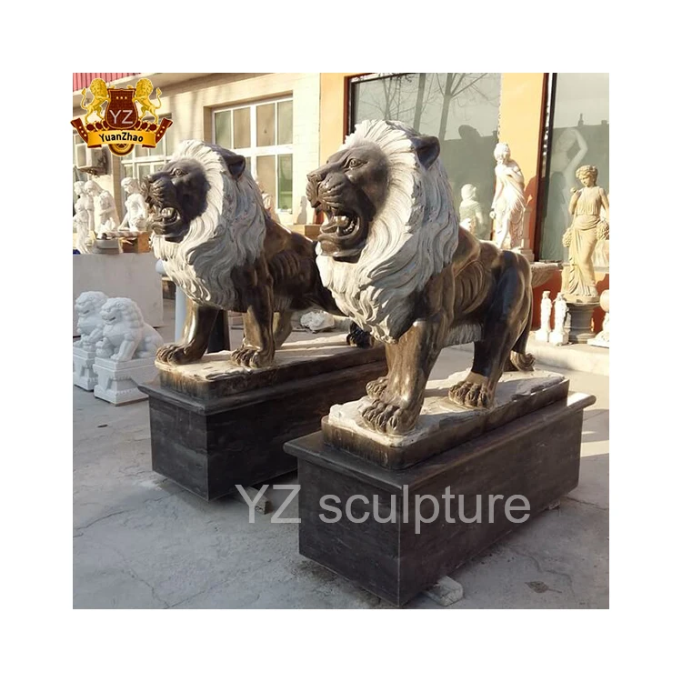 Outdoor Garden Hand-Carved Natural Marble Stone Lion Statue Granite Right & Left Lion Status Winged Marble Lions Statue