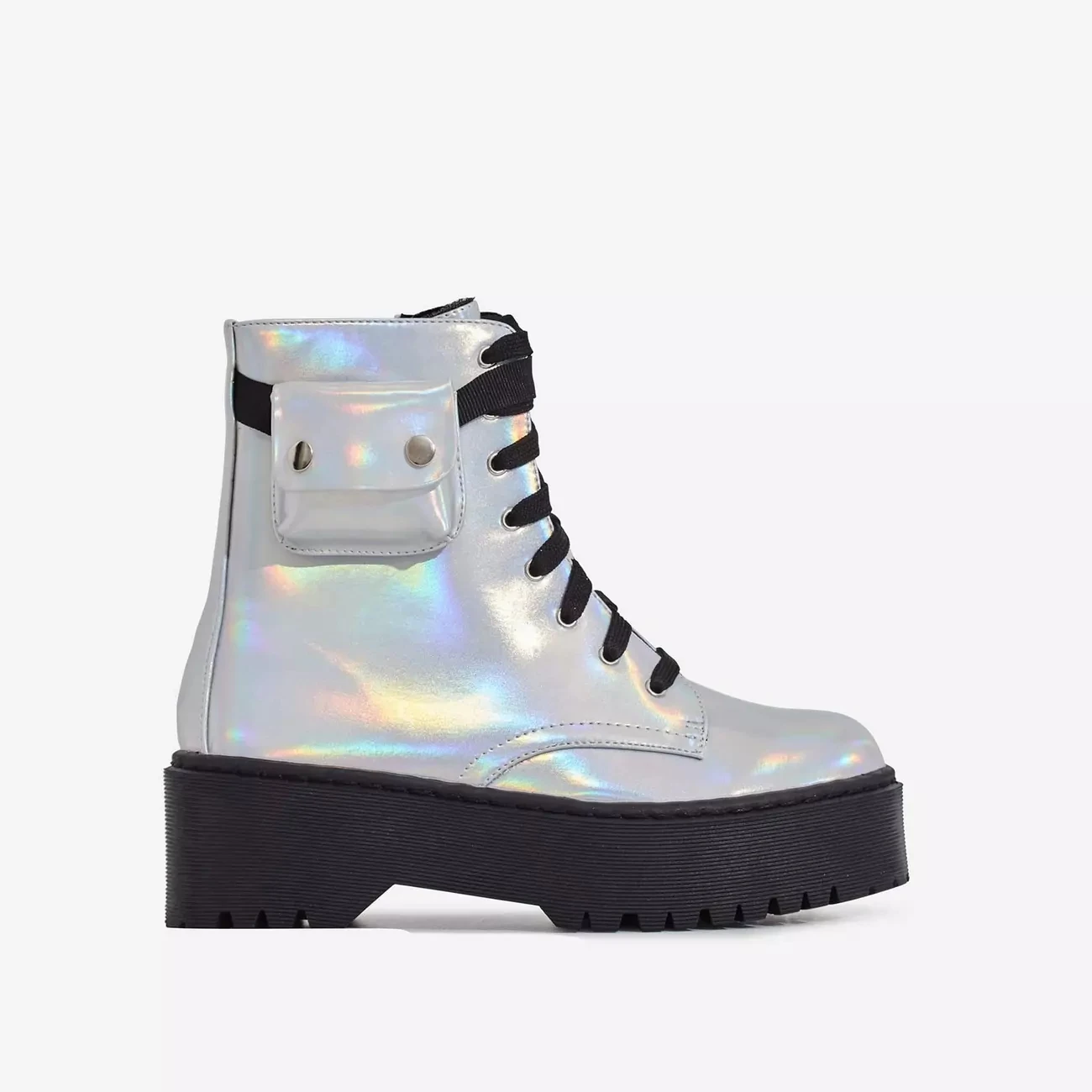 
2020 Cargo Pocket Lace Up Ankle Biker Holographic Faux Leather Ankle Boots Thick Bottom Platform Booties 