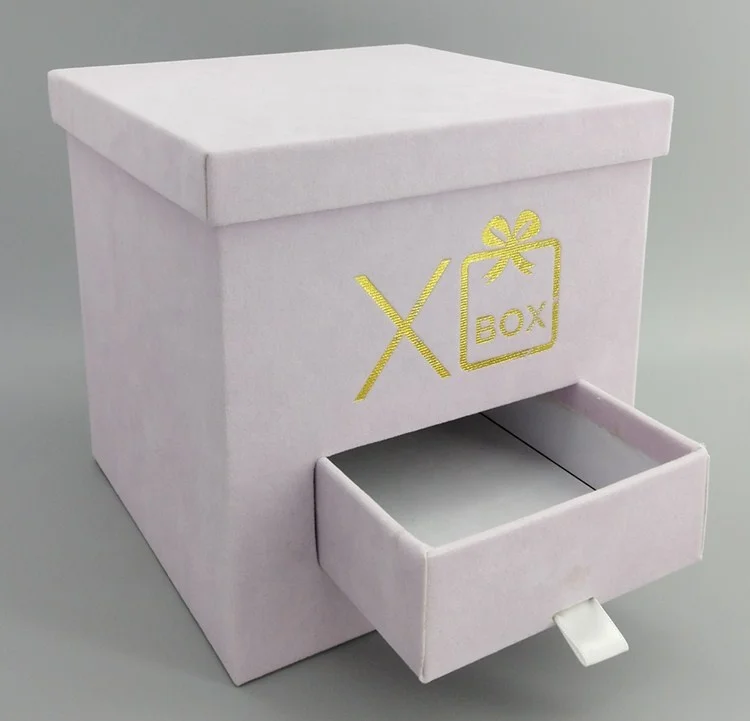 Fancy gift flower box, chocolate box with drawer, square velvet rose packaging boxes