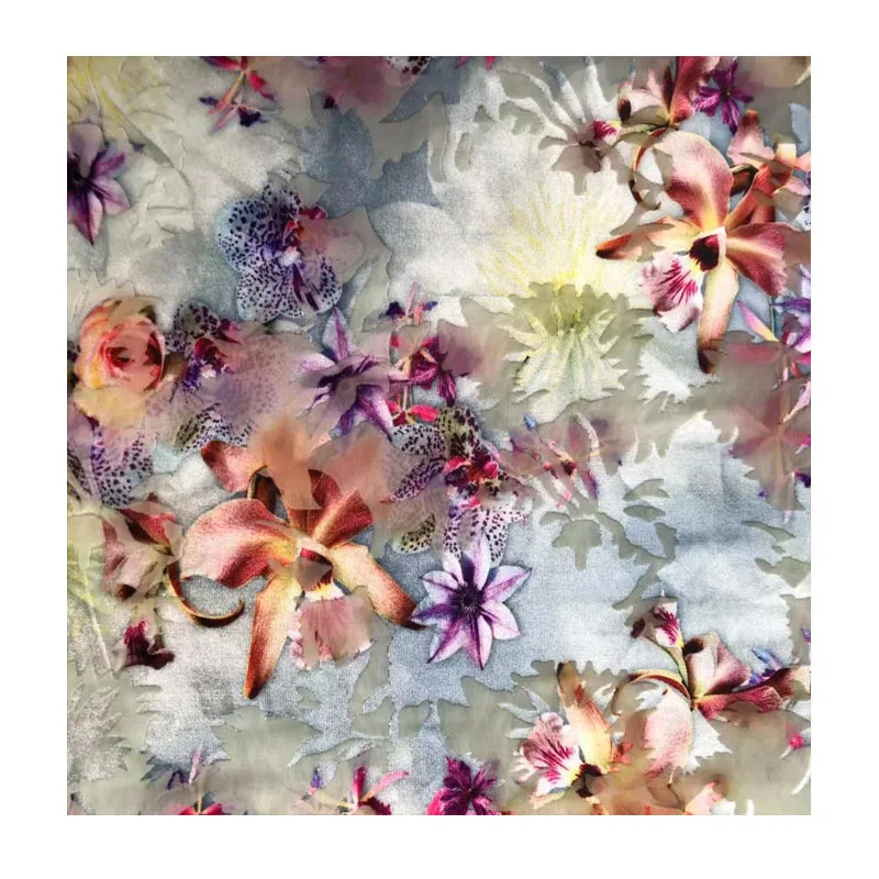 
New fashion polyester spandex floral stretch velvet burnout custom digital print fabric for dancewear dress 