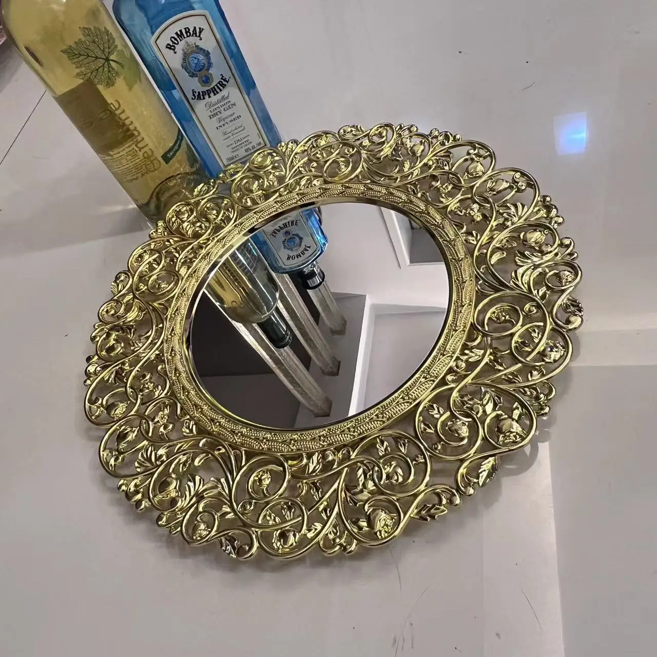 2023 new luxury round 37cm  decorative mirror underplate wide gold silver rim wedding dinner charger plates