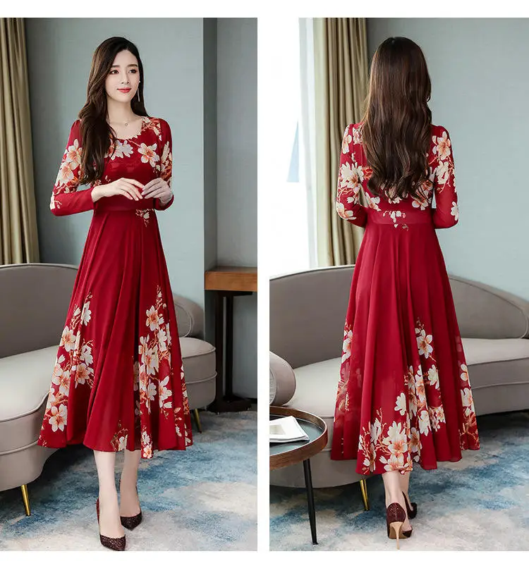 HKRED Factory Price Wholesale 2021 Fashion Women Long Sleeve Elegant Floral Print Casual Dress For Cheap Women Dresses For Women