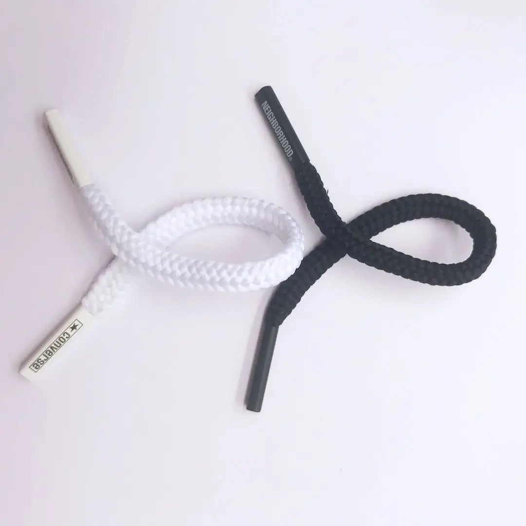 5mm white round polyester drawstring cord with metal tips in printed logo