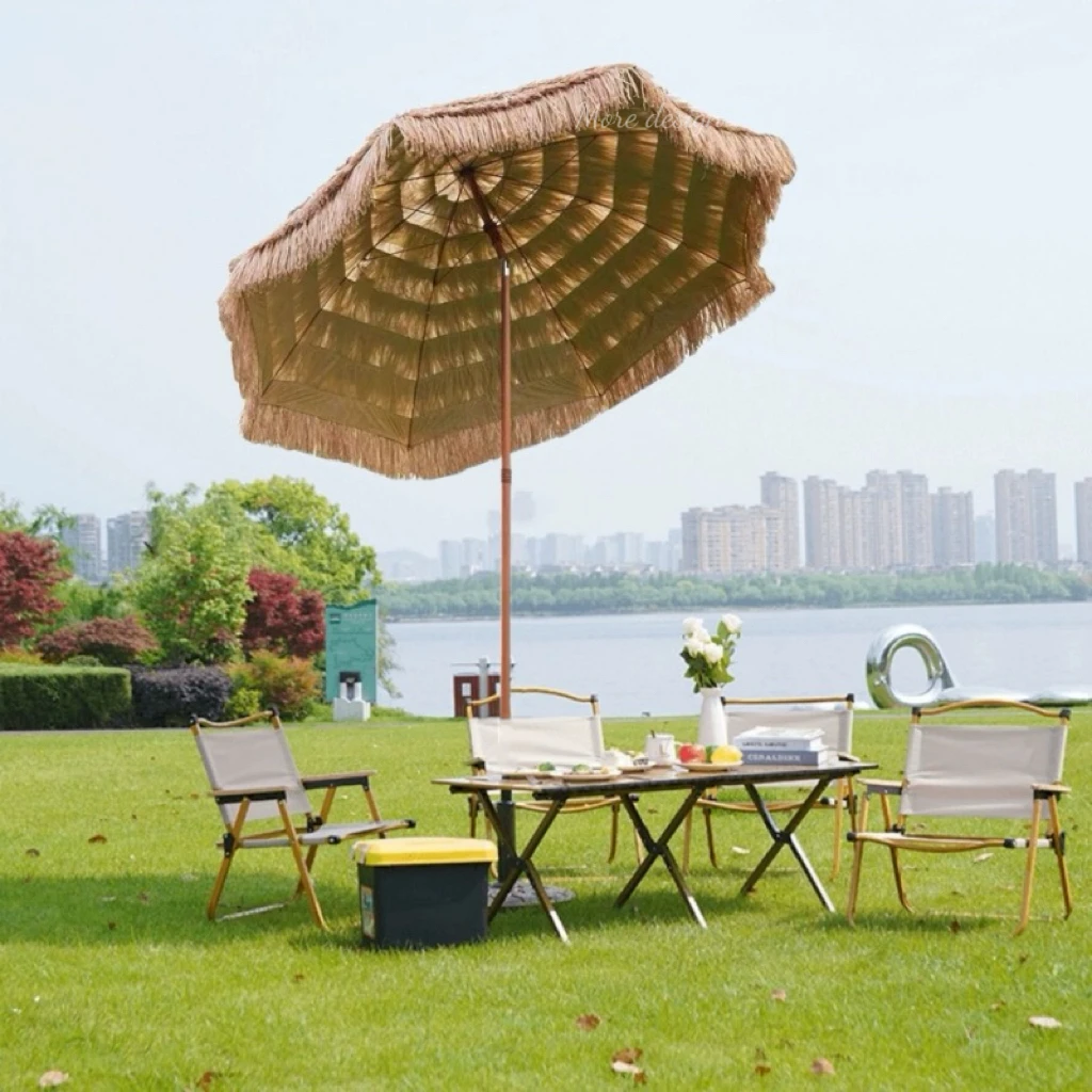 MORE DESIGN Free Sample Wooden Pole Canvas Waterproof Patio Swimming Pool Garden Wooden Sun Beach Straw Outdoor Umbrella
