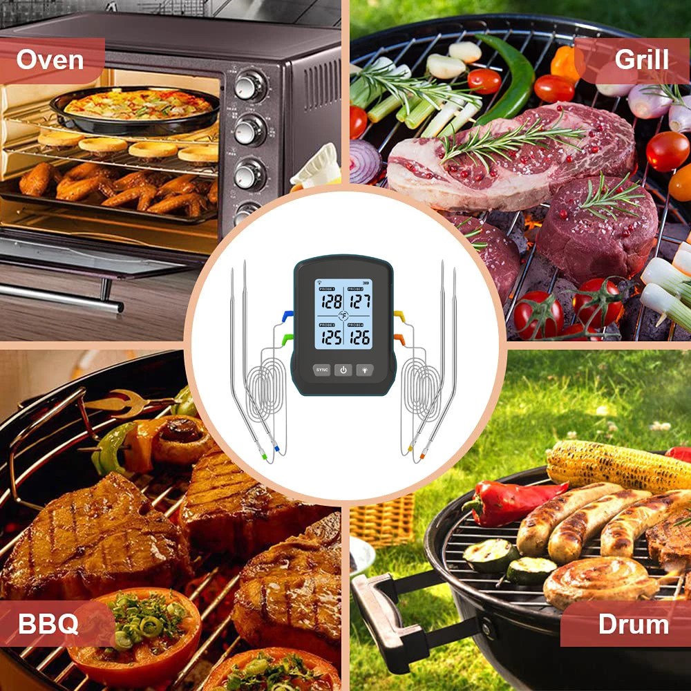 Rechargeable Wireless 4 Probes WiFi Digital BBQ Smoker Oven Kitchen Meat Grill Thermometer