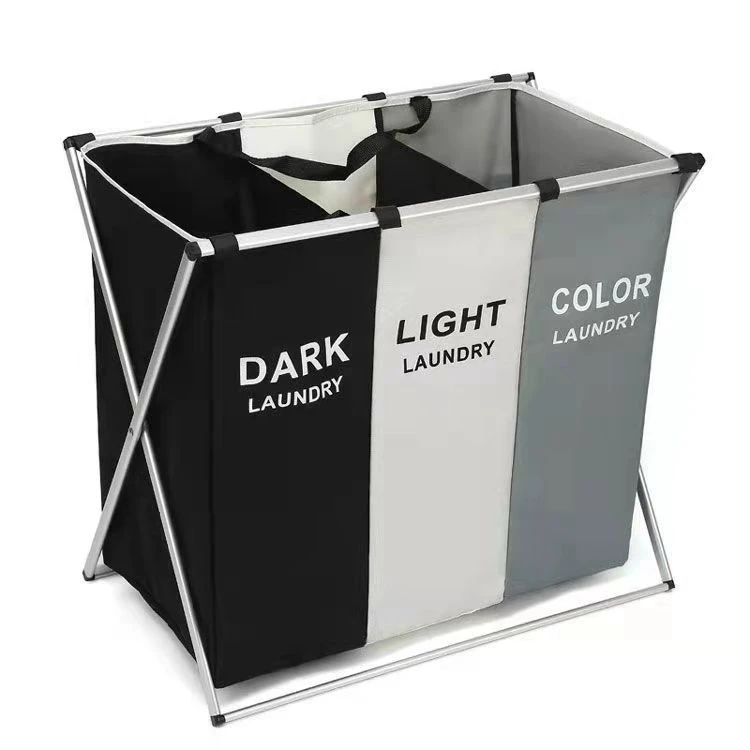 Amazon 3 Sections with Aluminum Frame Wash Storage Bag Laundry Hamper Sorter Basket Bin Folded Dirty Clothes Laundry Basket
