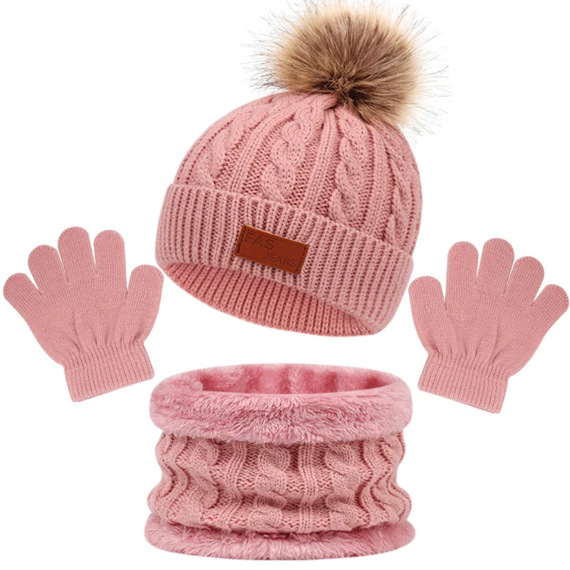 New Scarf with Baby Beanie Thicken Warm Knitted Kids Hat Cute Winter Ball Hats set